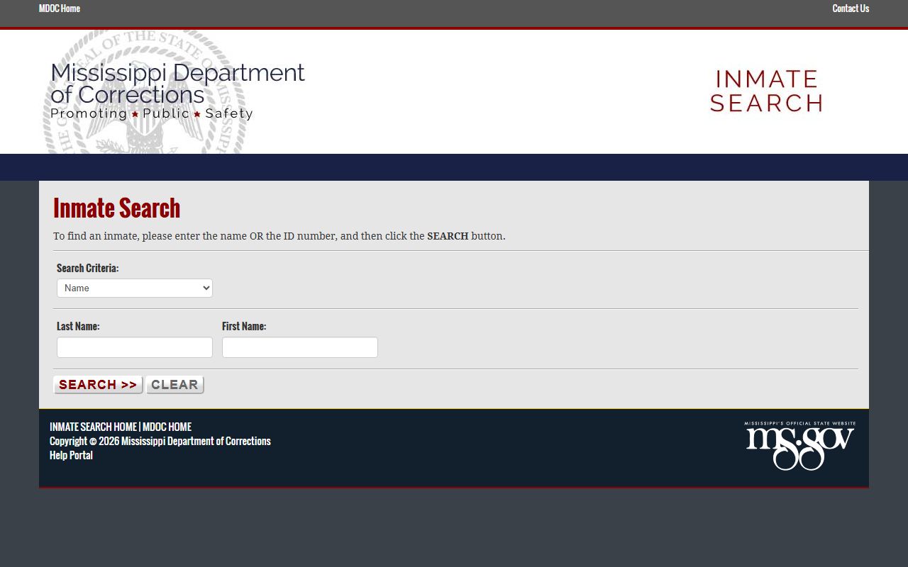 Mississippi Department of Corrections inmate search form with name and MDOC ID search options