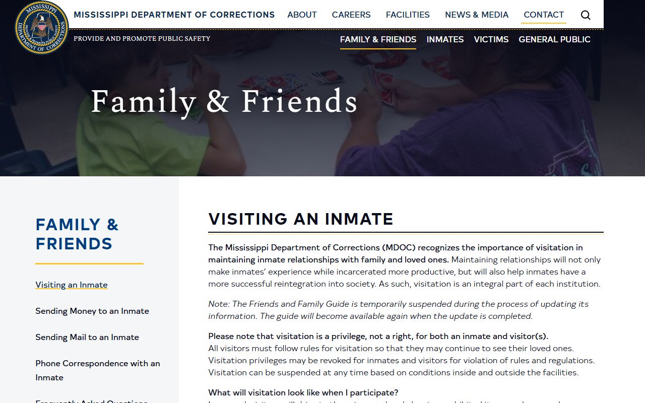 MDOC Family and Friends visitation page explaining application approval, identification, searches, and dress code