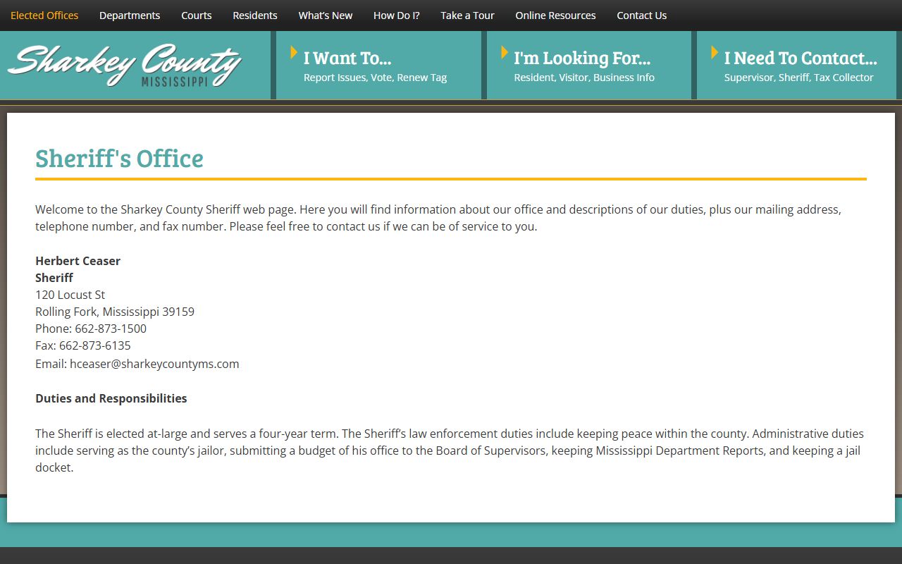 Official Sharkey County Sheriff's Office page showing Sheriff Herbert Ceaser and jail docket duties